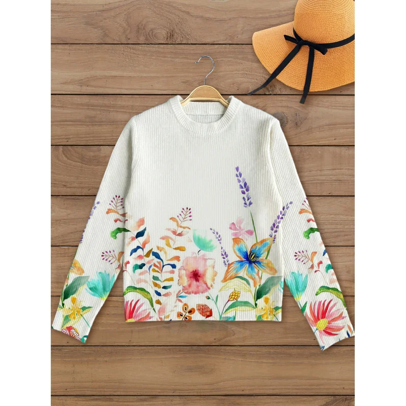 

Colorful flowers Print Knitted Pullover, Women's Fall Winter Sweater,Soft Fabric, Long Sleeve, Round Neck, Casual & Trendy Fit
