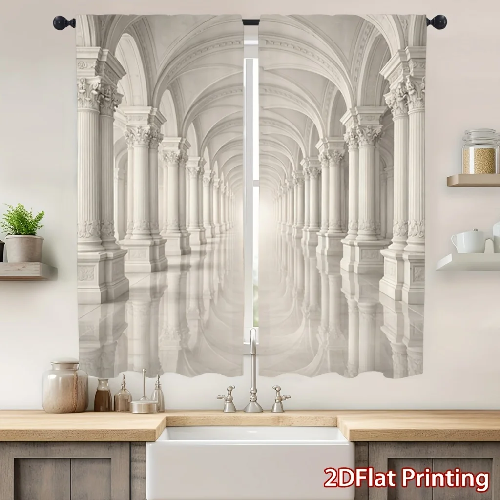 European Architecture Arcade Rod Pocket Light Filtering Curtains 2 Panel Classic Drapes for Living Room Bedroom Decor
