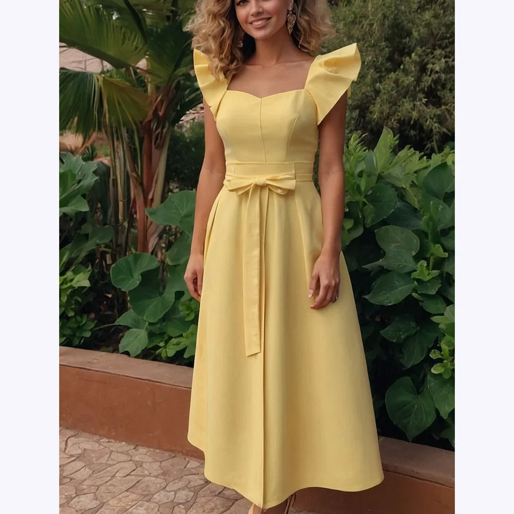 

Fashion Bow Prom Dresses Sleeveless Draped Sweetheart A Line Evening Dress High Quality Ankle Length Reception Elegant Gown