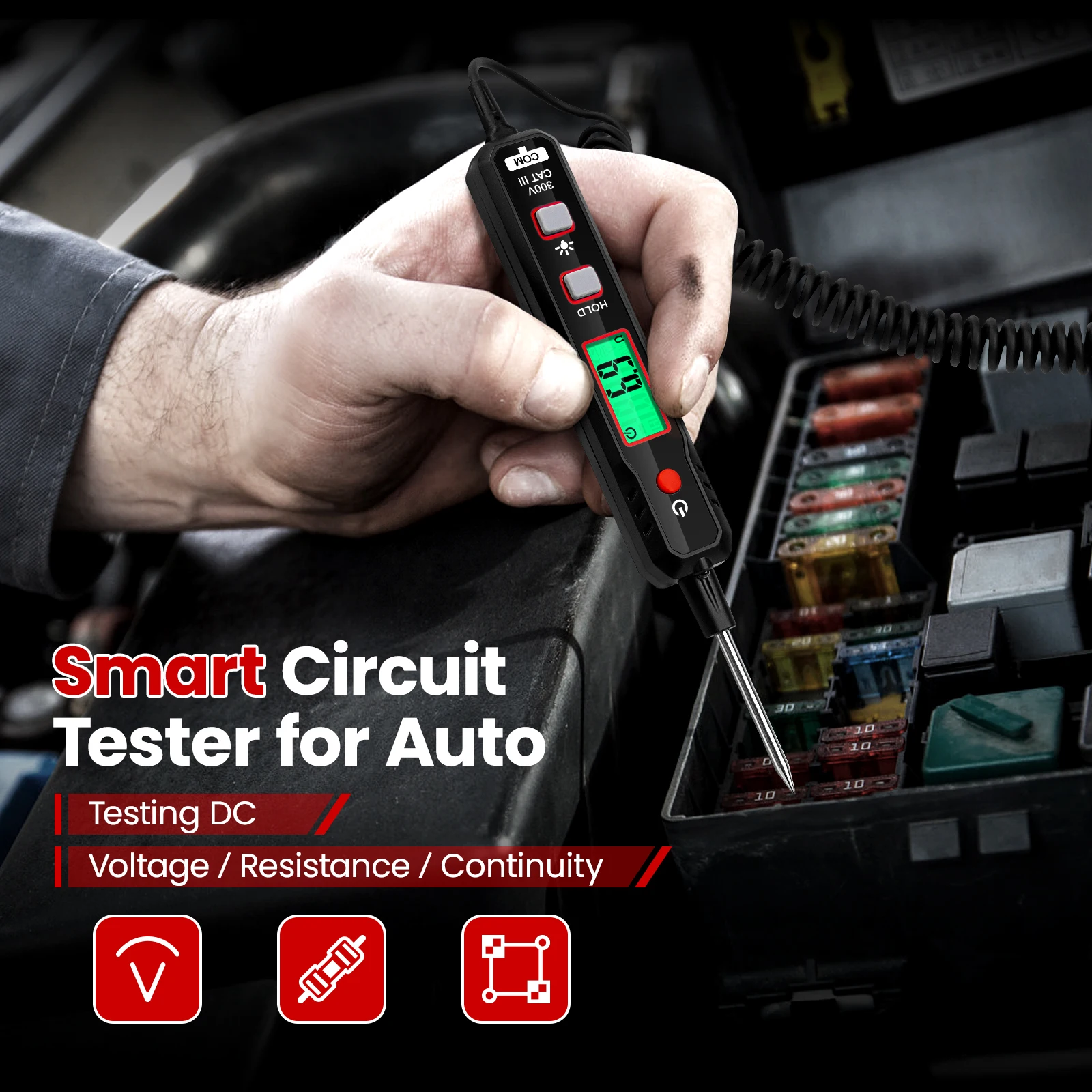 Car Smart Circuit Tester 0.8V-100V DC Voltage Digital Tester with Backlight Tester with Flashlight Measures Polarity Continuity