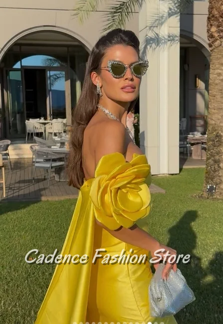 

Customized Yellow Elegant Sheath Prom Gowns Fishtail and Floor Length Dimensional Decoration Trailing Wedding Party Dresses