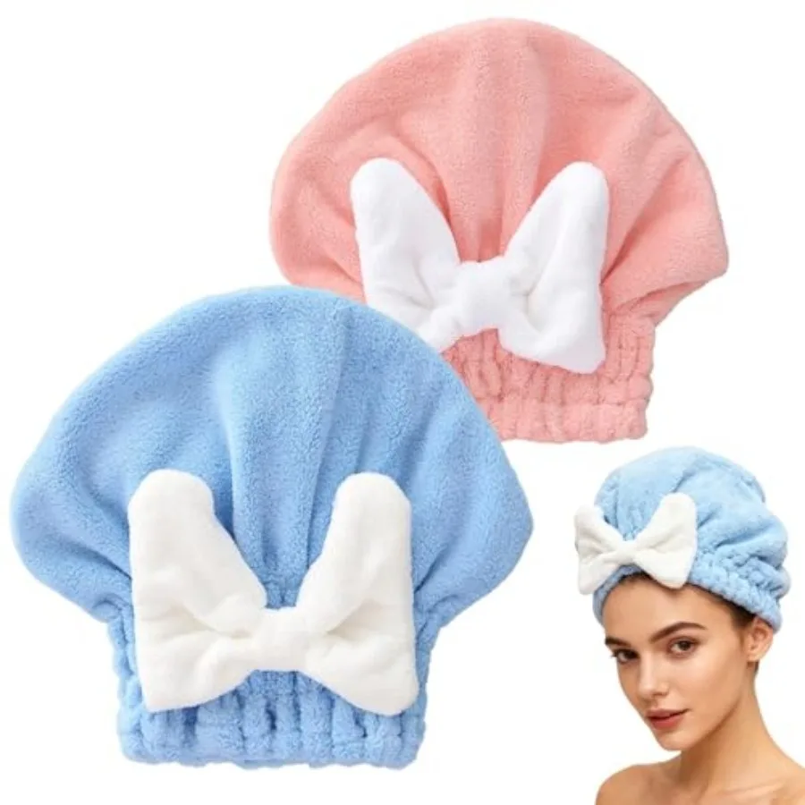 

2 Pack Ultra Absorbent Hair Quick Drying Towel for Women, New Microfiber Hair Towel Wrap Dry Turban, Soft Bow Tie Plopping Head