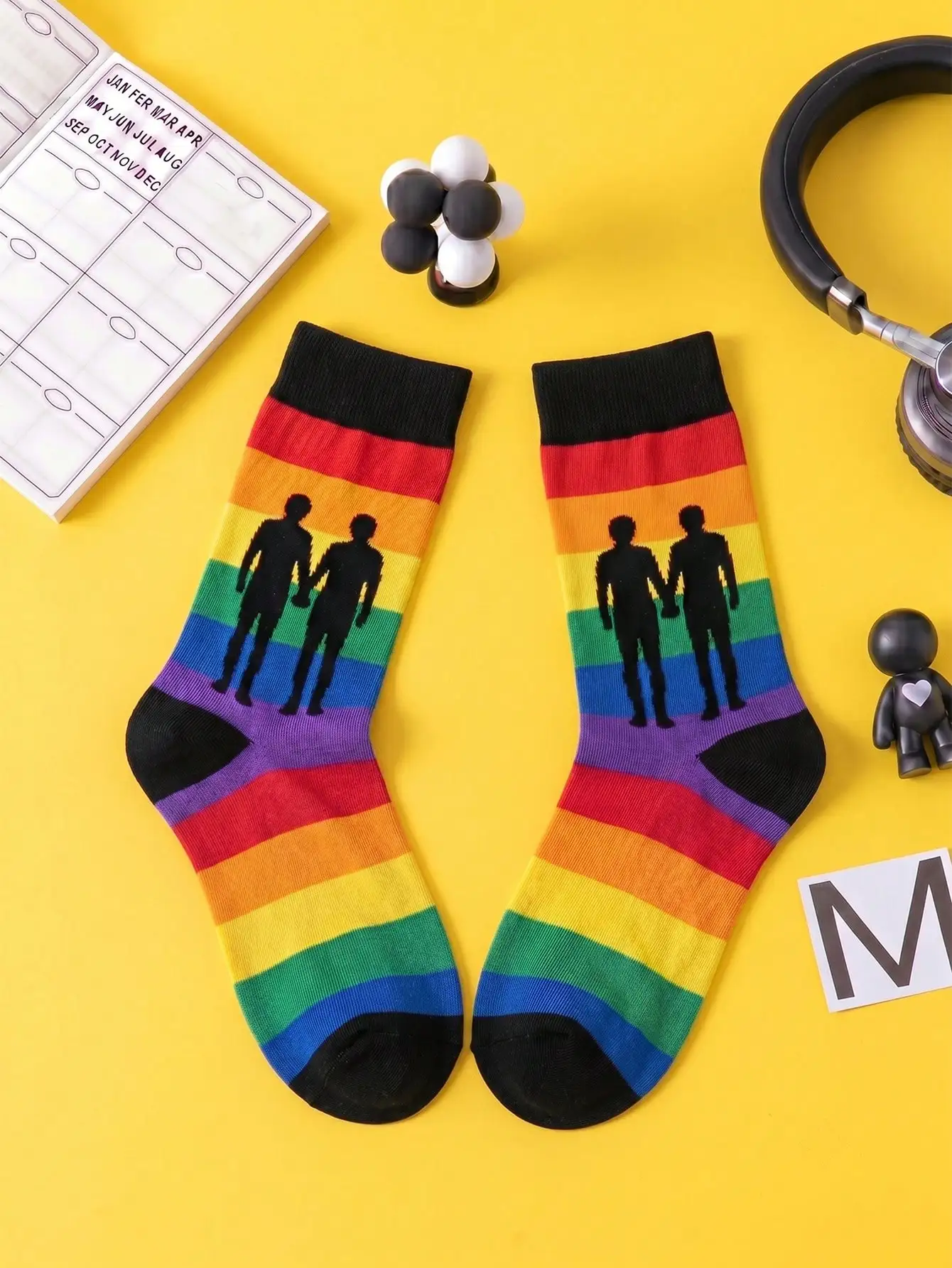 3 Pairs of Black Lgbtq Pride Mid-Calf Socks, Rainbow Gradient Letter Print, Striped Knit Cuff Casual Street Style Mid-Calf Socks