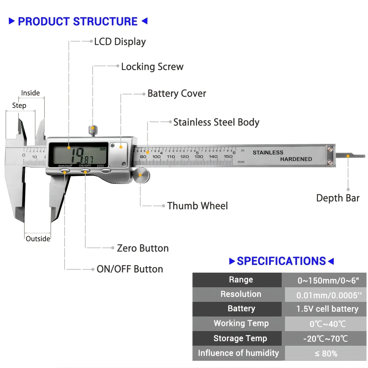 Digital Caliper Stainless Steel Vernier Caliper Digital Micrometer With Large LCD Screen, Easy Switch From Inch Metric Fraction