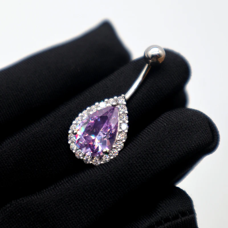 MIQIAO 925 Sterling Silver Water Drop Belly Button Piercing Purple Diamond Zircon Piercing Belly Button Long 14MM Women's Gift