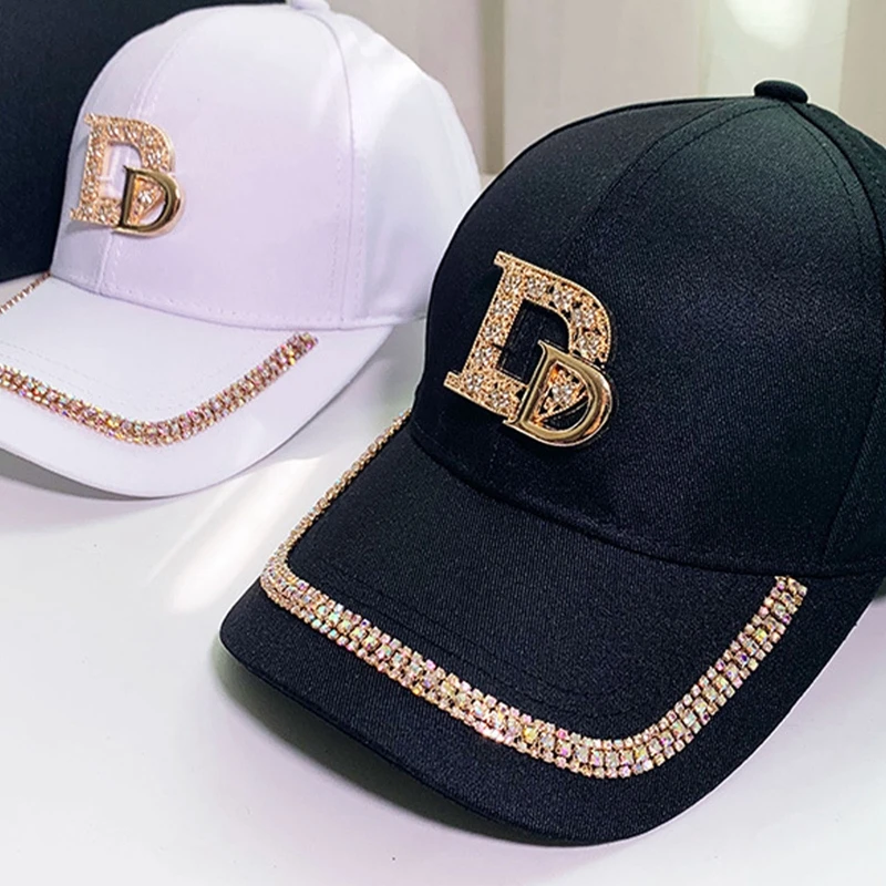 Letter M D Women\'s Bling Baseball Cap Ladies Fashion Caps With Rhinestones Snapback Hip Hop Hats Black White Pink 55-58cm