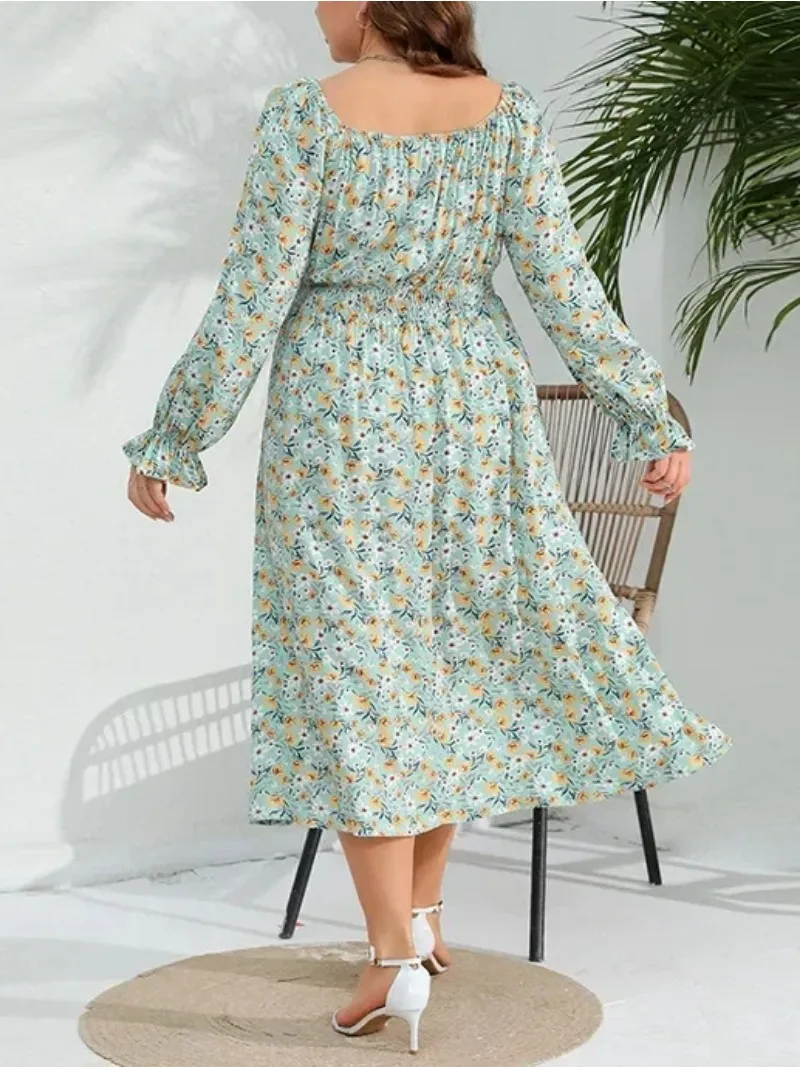 Spring New Elegant Fragmented Flower Dress with Lotus Leaf Sleeves Plus Size Fat Sister Long Dress