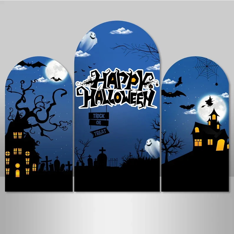 Mehofond Halloween Horror Castle Double-Sided Arch Cover Round top Backdrop Nightmare Before Christmas Full Moon Party Photozone