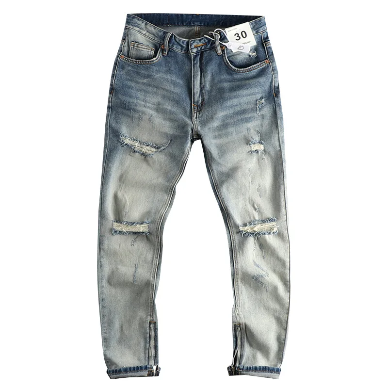 Spring and Autumn Ripped Washed Worn Jeans Men's Fashion Street Hip Hop Ins Trendy Side Zipper High Street Retro Long Pants
