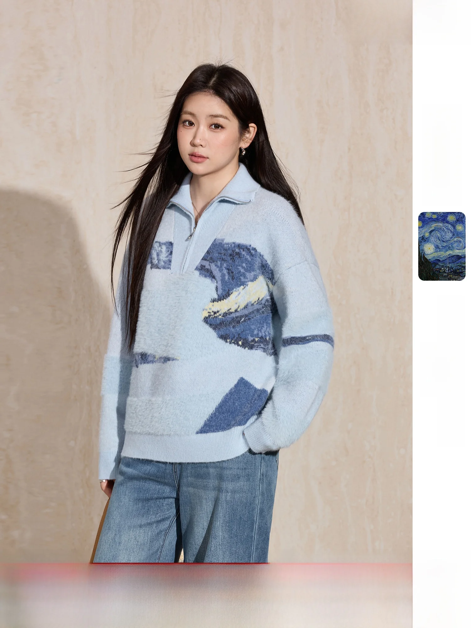 

Soft Sweater Vangogh Collaborative Casual Collar Embroidered Lazy Knitted Spring New Loose Fit Comfortable Winter Faion Wom...