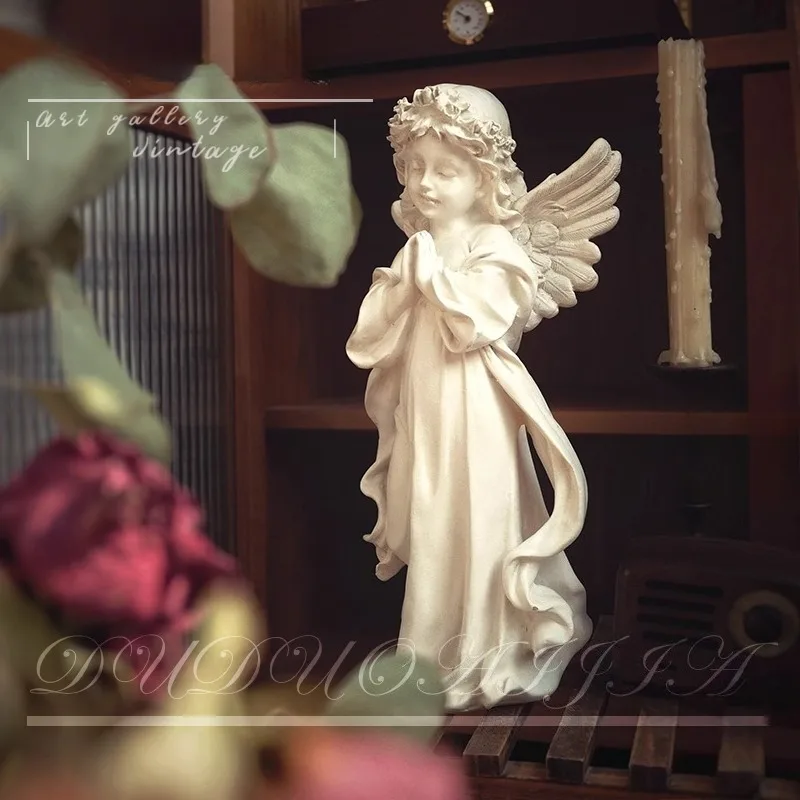 

European White Angel Girl Sculpture Resin Handicraft Ornament Living Room Retro Desktop Decoration Home Furnishings Decor