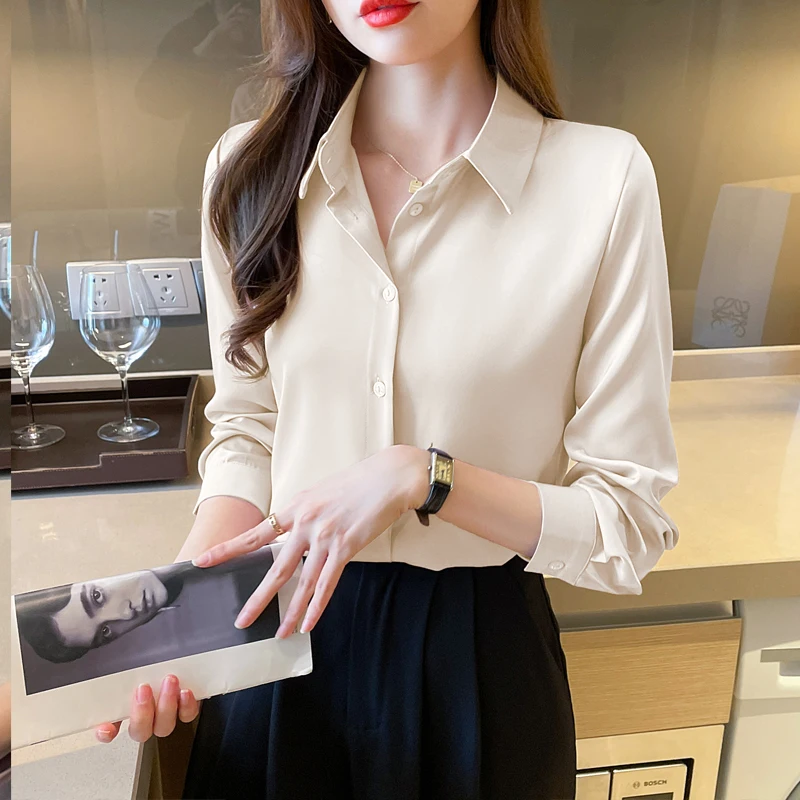 Women Spring Simplicity Loose Office Lady Satin Solid Color Polo-Neck Long Sleeve Shirts Women Clothes Casual All-match Tops