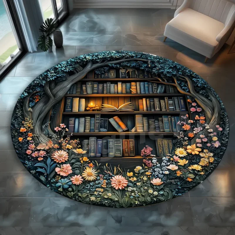 Spiral Library Optical Round Rug Vintage Bookshelf Visual Effect Non Slip Carpet Mystical Style Mat Study Room Living Room Decor