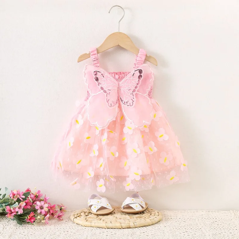 Pink&Green Suspender Dress Back Bow Tulle Patchwork Puffy Skirt 2026 Summer Sweet Flowy Casual Outdoor Daily Soft Fashion Outfit