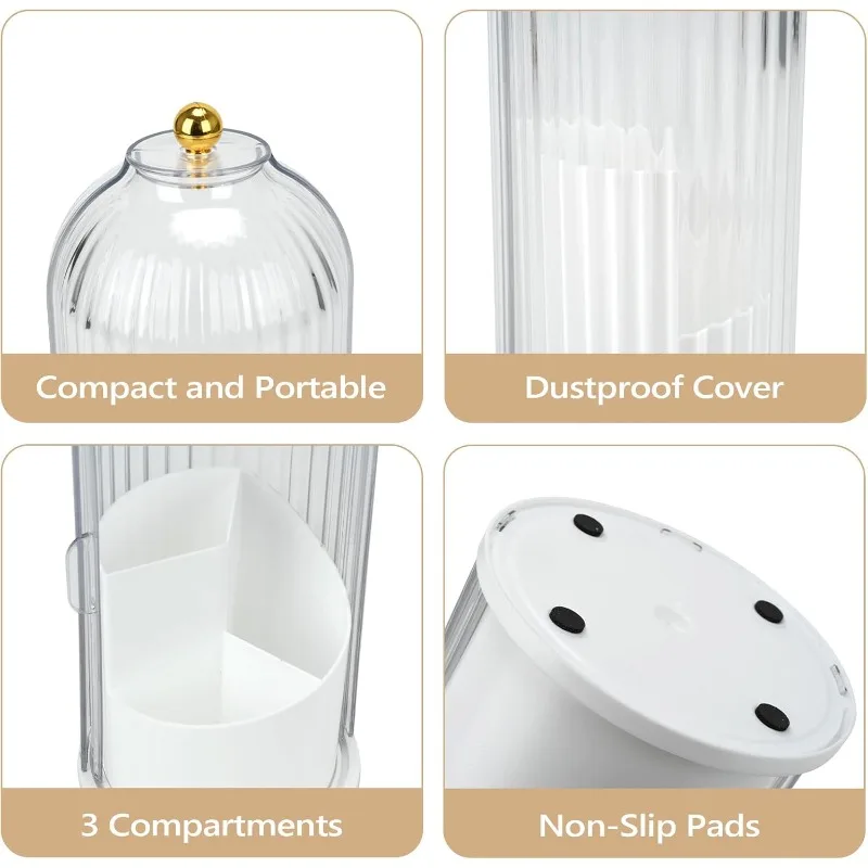 1Pc Toothbrush Holder with Cover, 360 Rotating Dust-proof Toothbrush Holder 3 Slots Rotating Makeup Brush Holder for Vanity Bathroom Countertop Organizer (Transparent)