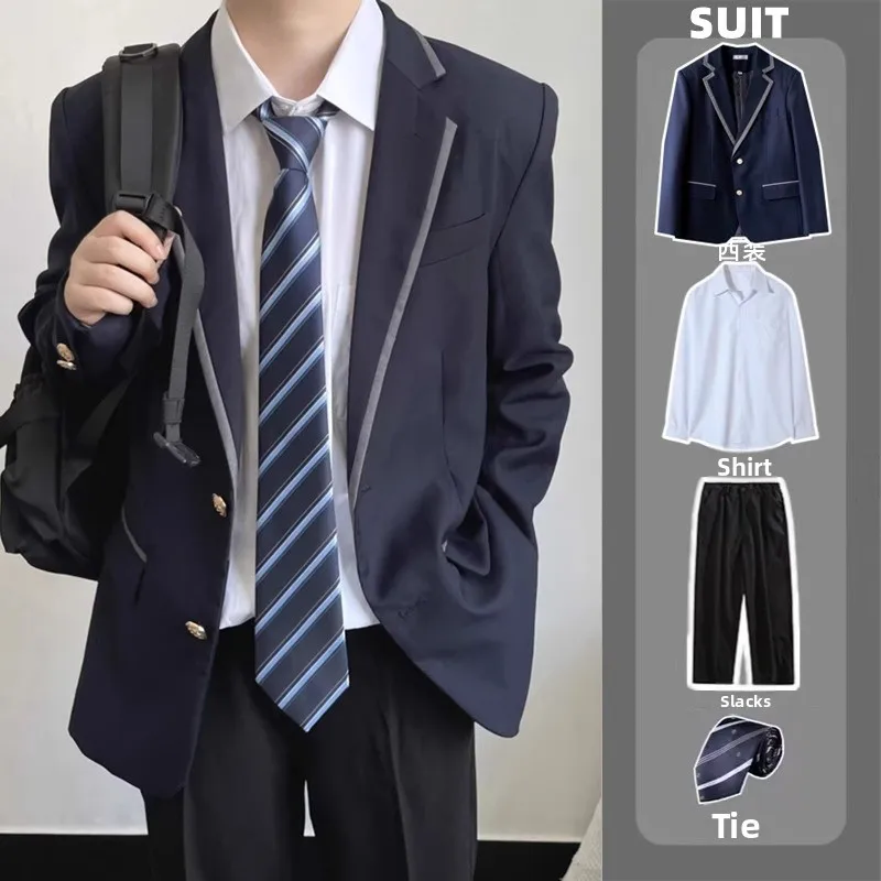 Academic Style Men's Suit Jacket Shoulder Pads Uniform Coat Graduation Season Class Uniform Outerwear Casual Long Sleeve