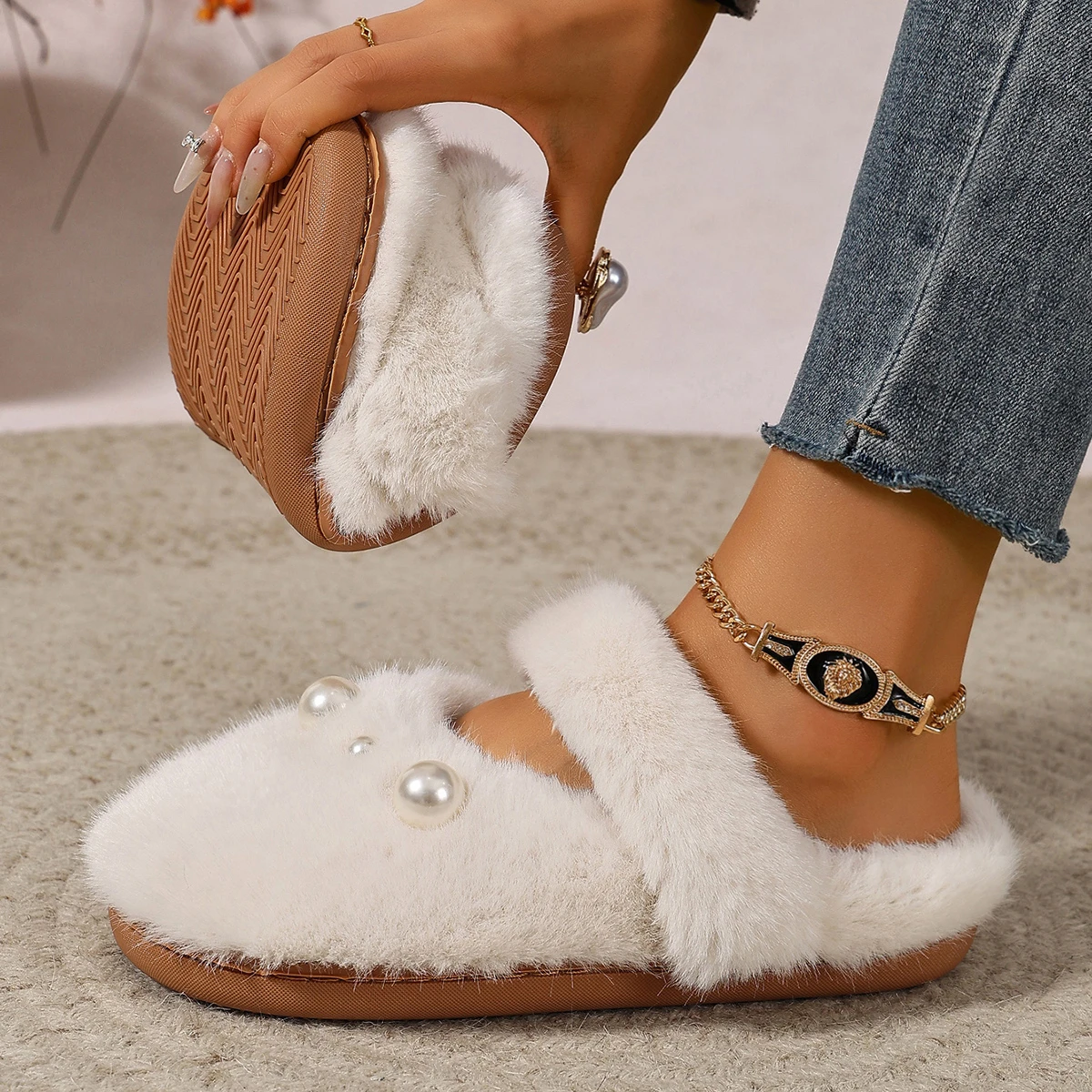 Elegant Ladies Pearl Fuzzy Warm Shoes Winter Autumn Soft Soled Indoor Bedroom Cotton Slippers Women Slip On Pink Fluffy Shoes