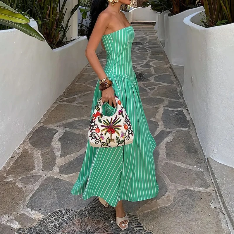 Sexy Trägerloses Ärmelloses Langes Kleid mit Streifenmuster Drapiertes Kleid mit Taschen Elegantes Damenkleid Lässiges Sommerkleid mit Taschen für den Urlaub