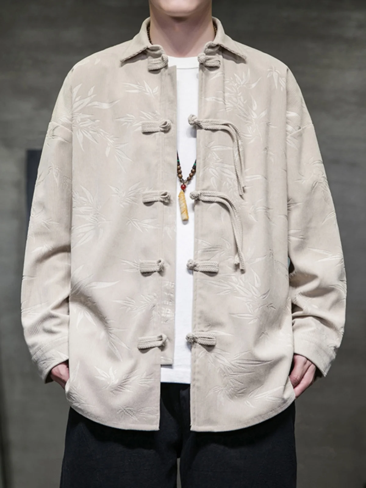 

Retro Chinese Style Long Sleeve Shirt Men's Early Autumn Corduroy Jacket with Button Design Fashionable Printed Casual Top