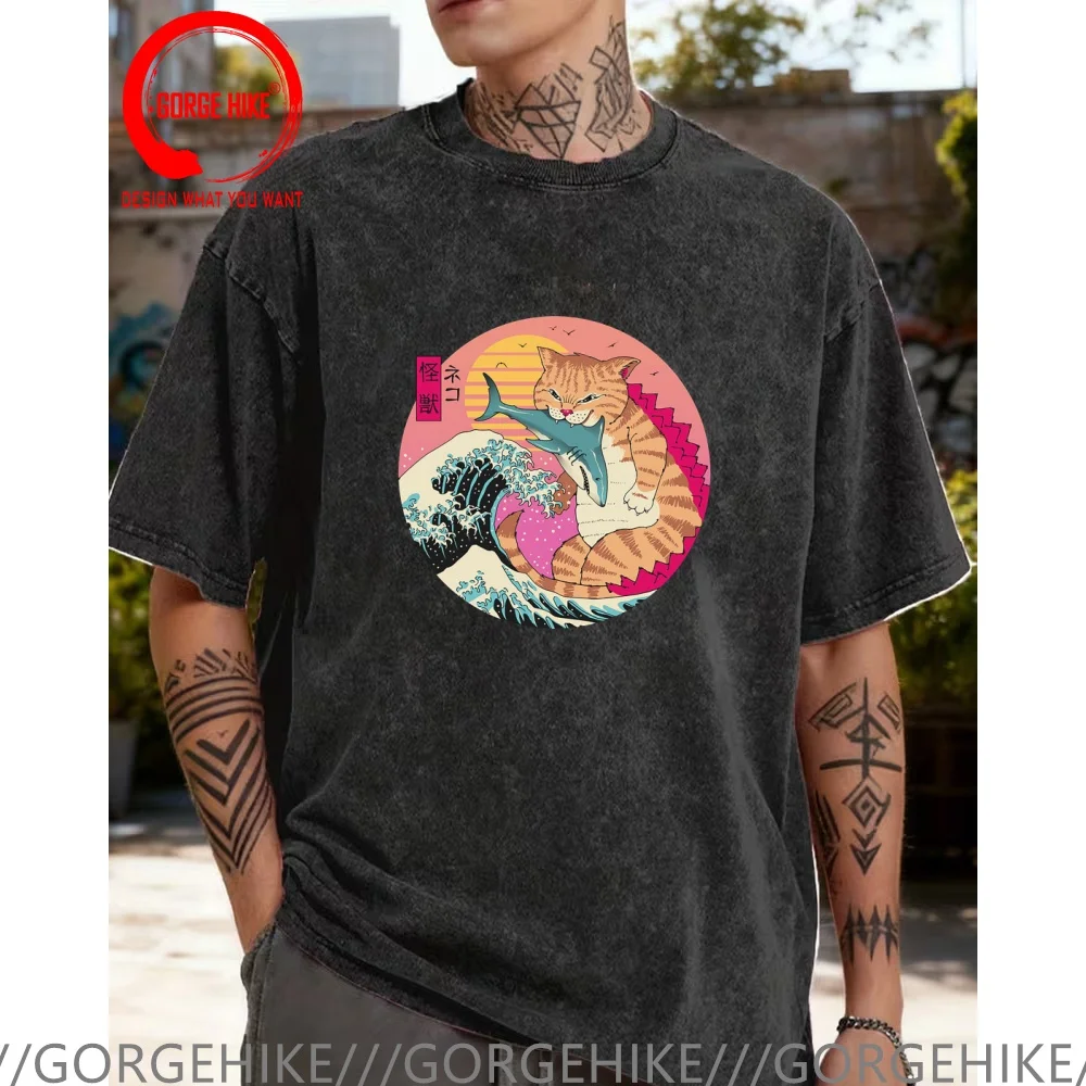 

Винтажная футболка из выстиранного хлопка с забавным дизайном: от сашими до кайю-кошек. Мужская модная повседневная одежда.