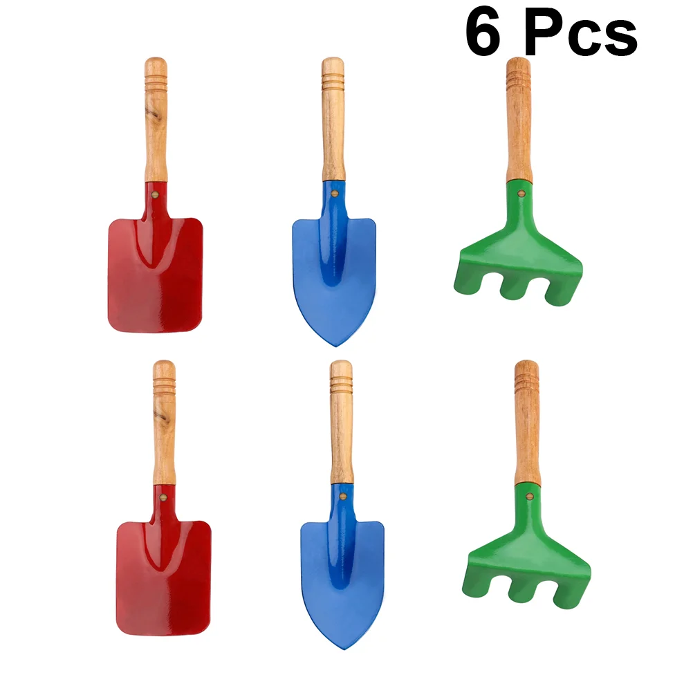 2 Set/6 Pcs Children Garden Tool Iron Trowel Rake Colored Printed Hand Tools with Wooden Handle for Kids Child Girl