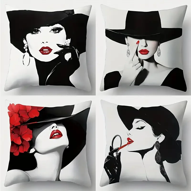 4pcs Glamorous Art Deco Throw Pillow Covers, Stylish Hat & Red Lip Woman Print Cushion Cases, Sophisticated Aesthetic Decor