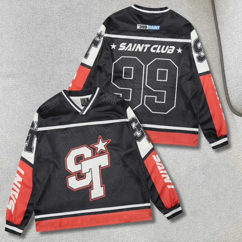 

Red Black Patchwork Hiphop Street ST Print Loose Saint Tshirt Mesh No. 99 Long Sleeve Jersey Men Women Retro V-neck Sweatshirts
