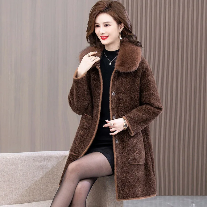 Winter New Middle-Aged Women Thicken Large Size Fox Fur Collar Faux Mink Outwear Women Mid-Length Temperament Casual Fur Coat