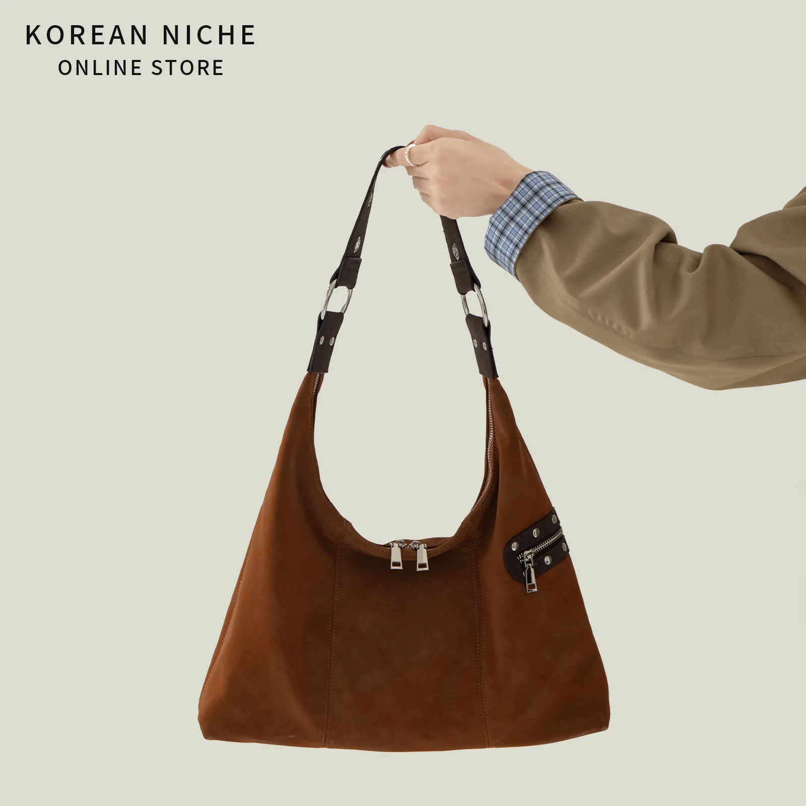 Women Daily Commute Suede Velvet Shoulder Bag Korean Vintage Large Hobo Bag Rivet Strap School Travel Shopping Crossbody Tote
