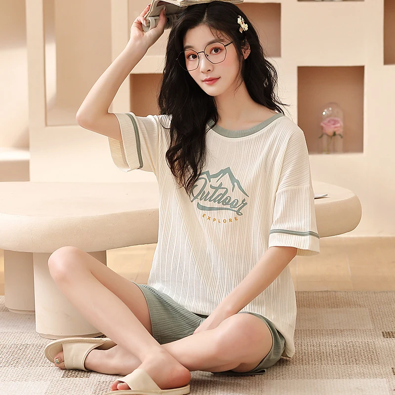 New Summer Striped Women\'s Sleepwear Kawaii Round Collar Pajamas Cotton Korean Pijamas Short Sleeve Shorts Home Suit for Girls