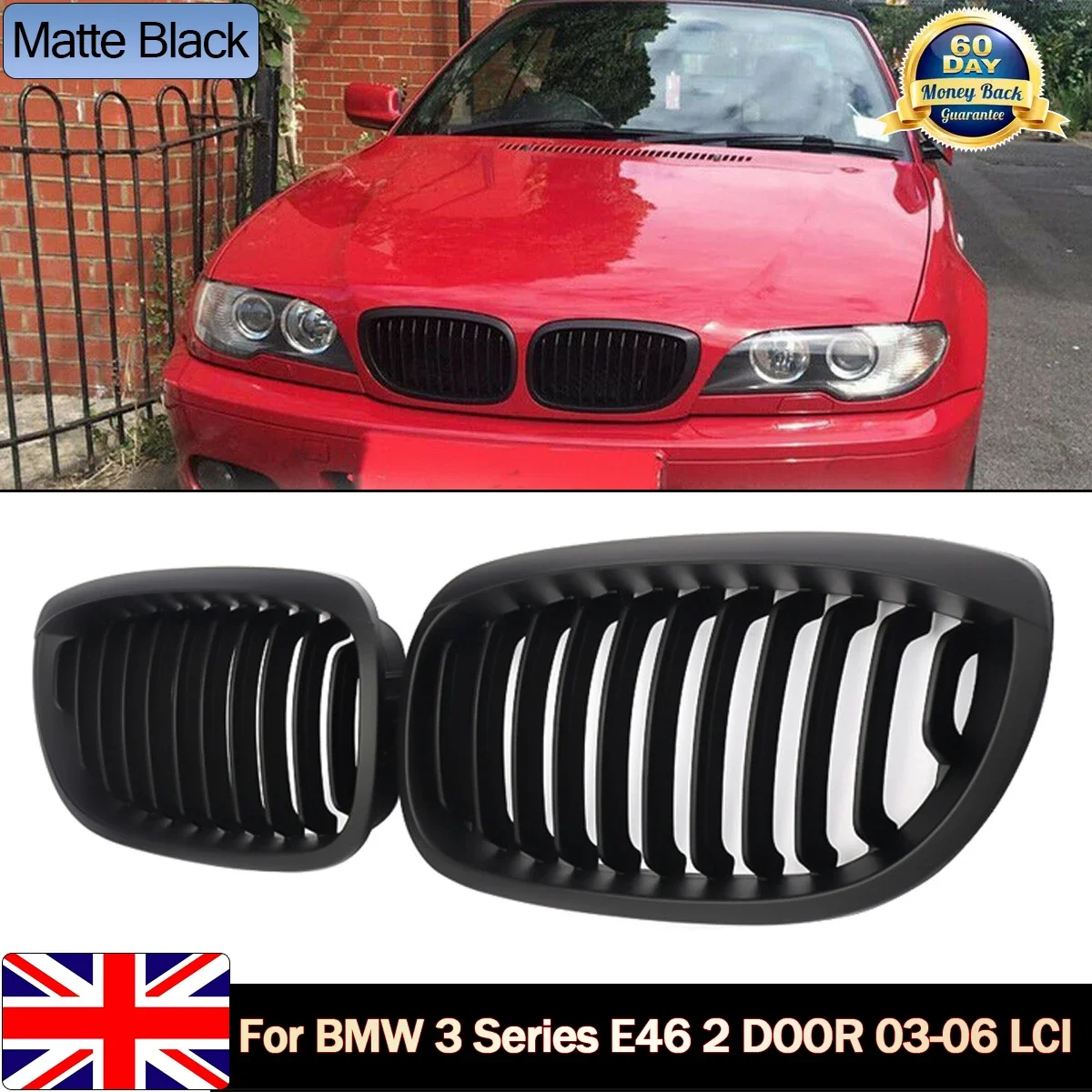 MagicKit Front Bumper Kidney Grills Fit for BMW 3-Series E46 Sedan 2002-2005 Facelift 2 Doors Grille Gloss Black