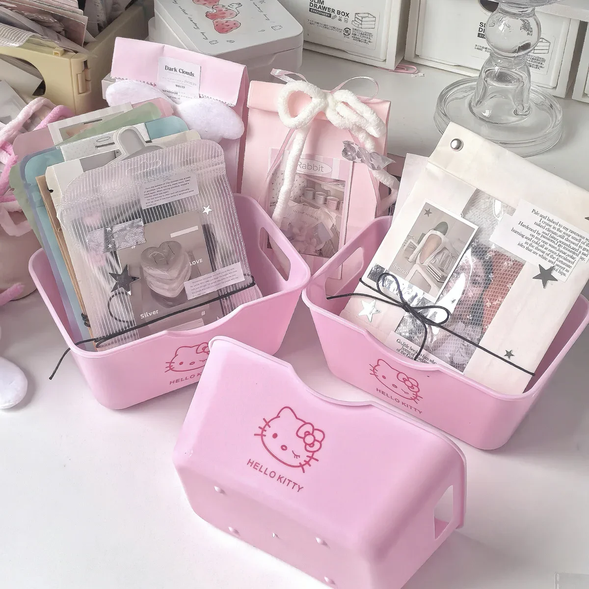 Hello Kitty 2/4Pcs Plastic Organizer Set Desktop Storage Box for Cosmetics Stationery Kawaii Home Office Bathroom Accessories view 2