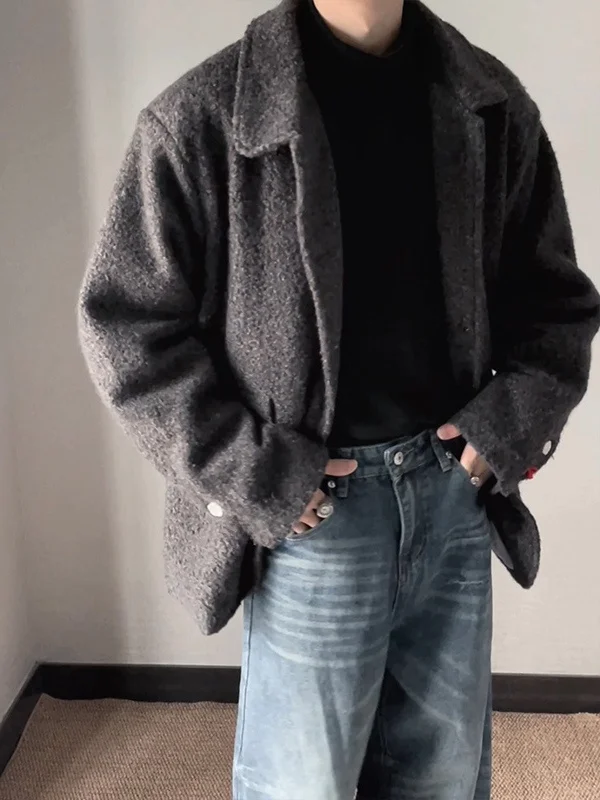 

Tangz Studio Men's Woolen Coat Button Decorated Lapel Winter Casual Sle Cotton Lined Circle Weave Outerwear Youth Faion