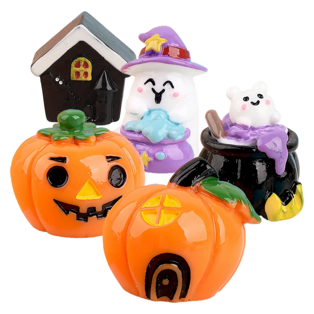 Halloween Miniatura Casa Acessórios, Aldeia Bolo Artesanato, Abóbora Fantasma Ornamento, Resina Figuras Kit, Miniaturas para o Dia das Bruxas, 5 pcs