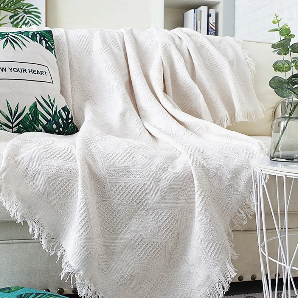 

JBTP New Pure color Cotton Bedding Office Sofa Knitted Cover Blanket With Tassel Tapestry For Bed Airplane Travel Blankets