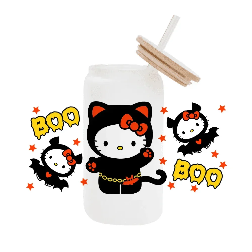 11x24cm Halloween Hello Sanr Cat Pink cartoon For Libbey 16oz Can Glass 3D Waterproof UV DTF Coffee Can Wrap Libbey Glass Wrap