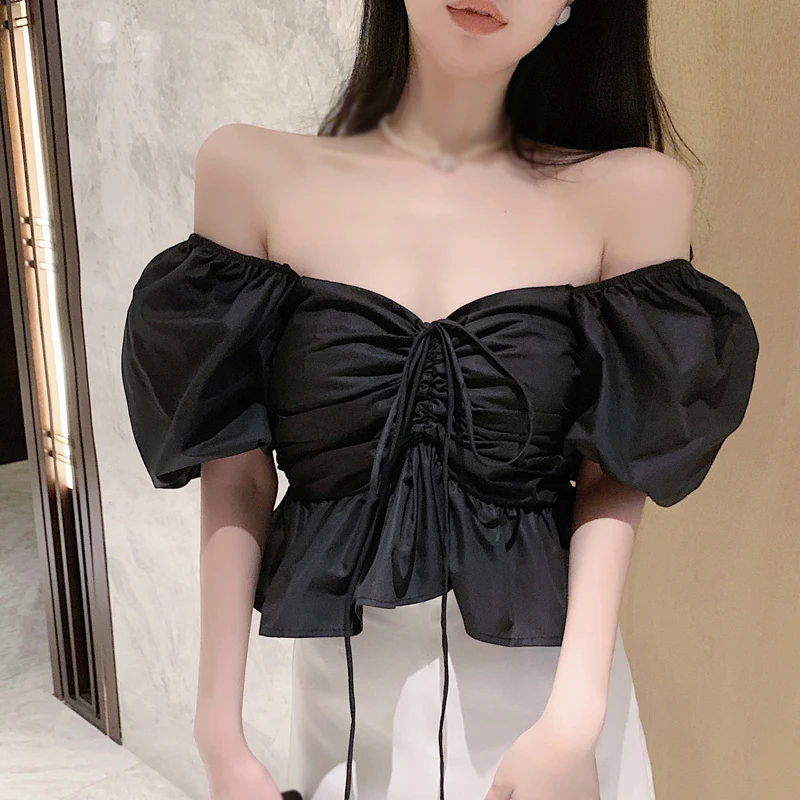 

Женская рубашка с пышными короткими рукавами, однотонная летняя блузка с кулиской и квадратным вырезом