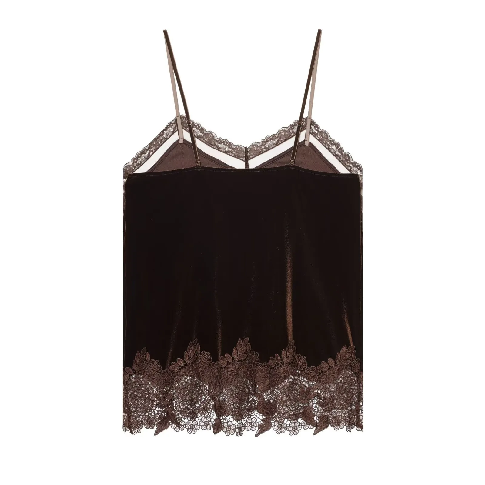 HH Damen Elegantes Samt-Top mit Spitzenbesatz V-Ausschnitt Ärmellos Spaghettiträger Rückenfreies Top Sommer Casual High-Street-Oberteil – Detail 3