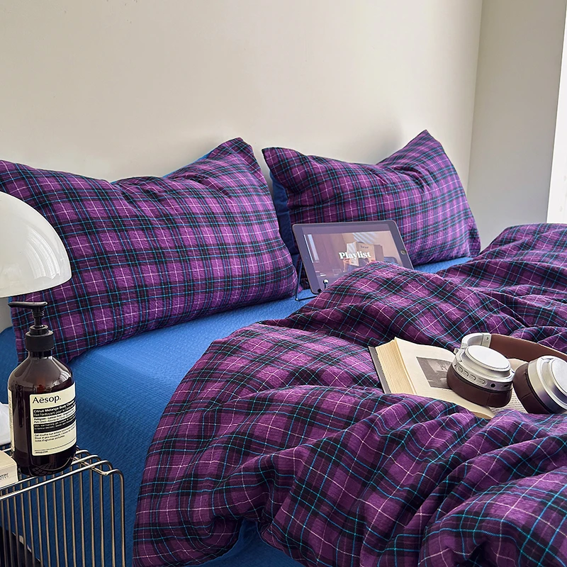 Purple Plaid Bubble Crinkle 3‑Piece Bedding Set, 1 Duvet Cover and 2 Pillowcases, Breathable No‑Iron Wrinkle, Machine‑Washable