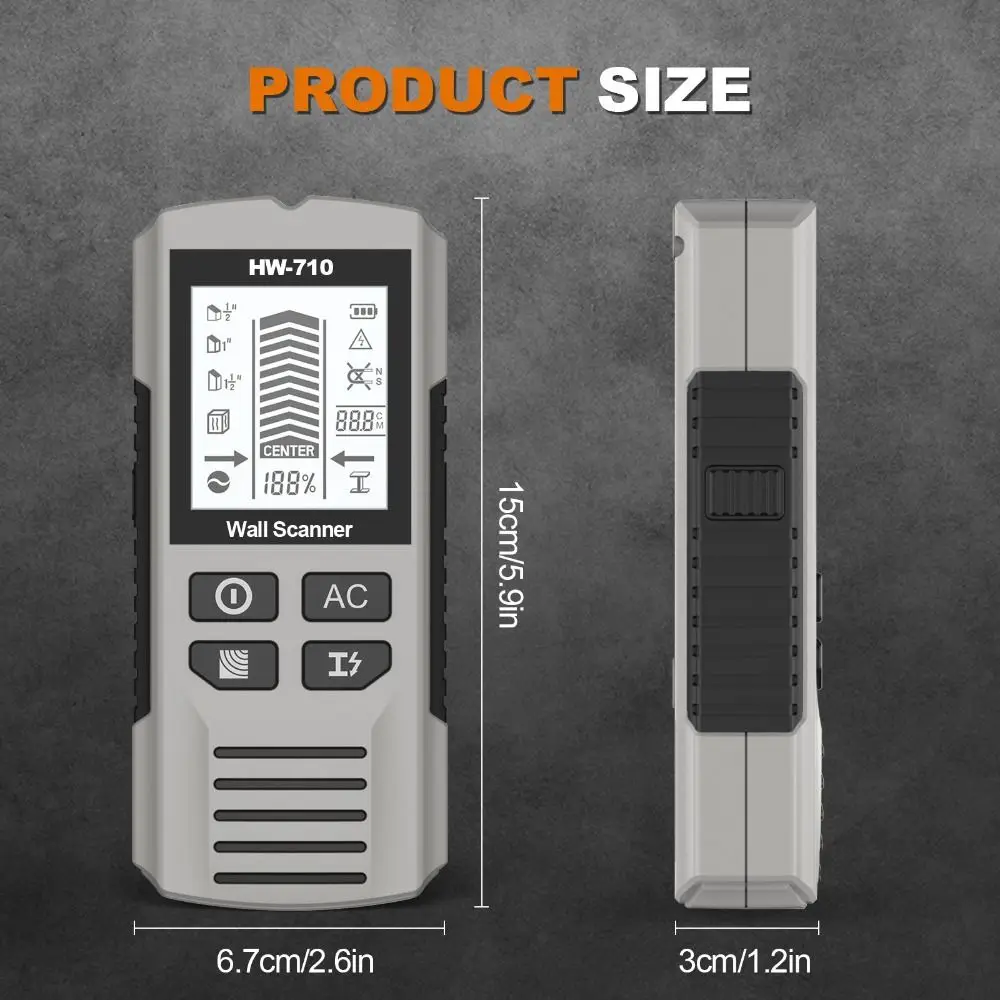 Buscador de pernos 6 en 1 Localización con precisión Rastreador de profundidad Cables de cable de CA Rastreador de profundidad Alta precisión con pantalla LCD Detector de pared