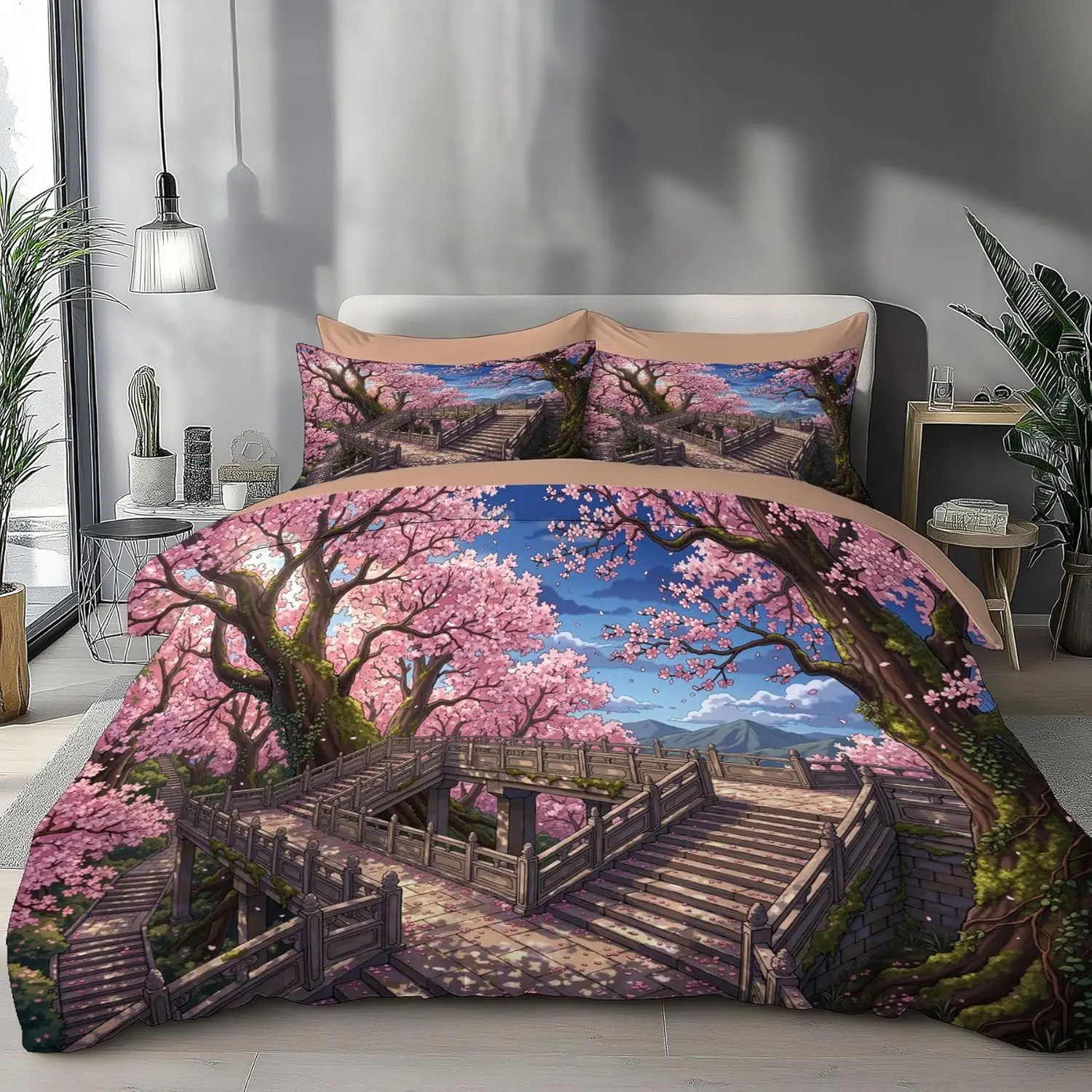 Spring Cherry Blossom Tree Single Size Duvet Cover Set Powder Blue Japanese Anime Landscape Bedding With Pillowcases