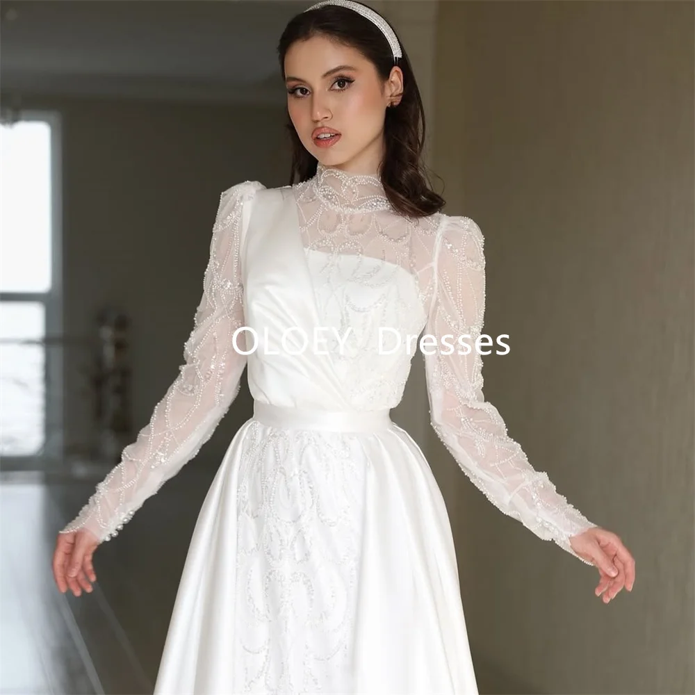 OLOEY Luxury Beading Lace Straight Wedding Dresses Full Sleeves Modest Bridal Gowns Customized Corset Floor Length Robe de marri