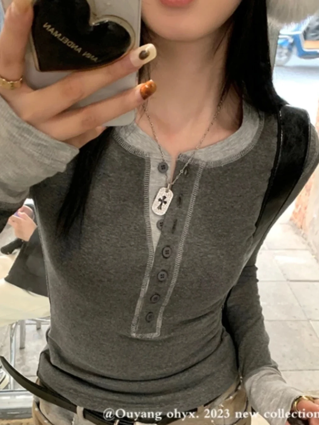 Korean Style Long Sleeve Henry Collar T-Shirt Women's Slim Fit  Color Inner Wear Base Shirt Grey Top Fashion Design
