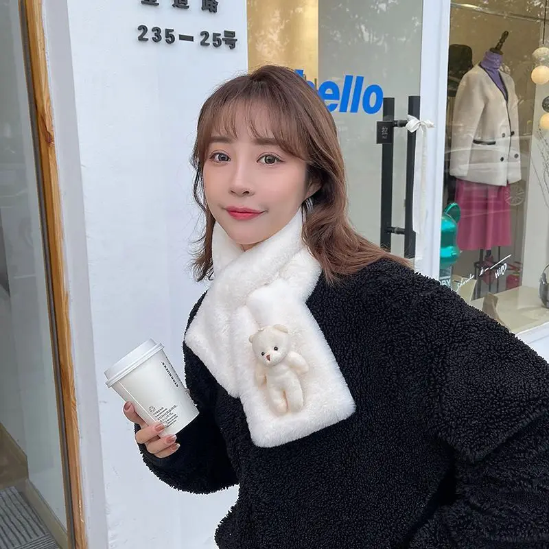 Color Optional Scarf Female Autumn Winter Wind Season Korean Version Of Cute Bear Plush Students With Thick Warm Cross Neck2023