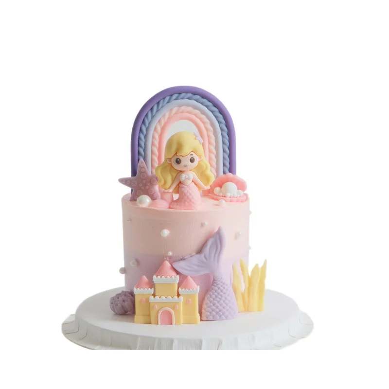 Mermaid Design Cake Topper Rainbow Tail Shell Castle Starfish Fits Girl Themed Birthday Baby Party Cake Desktop Ornament Layout view 6
