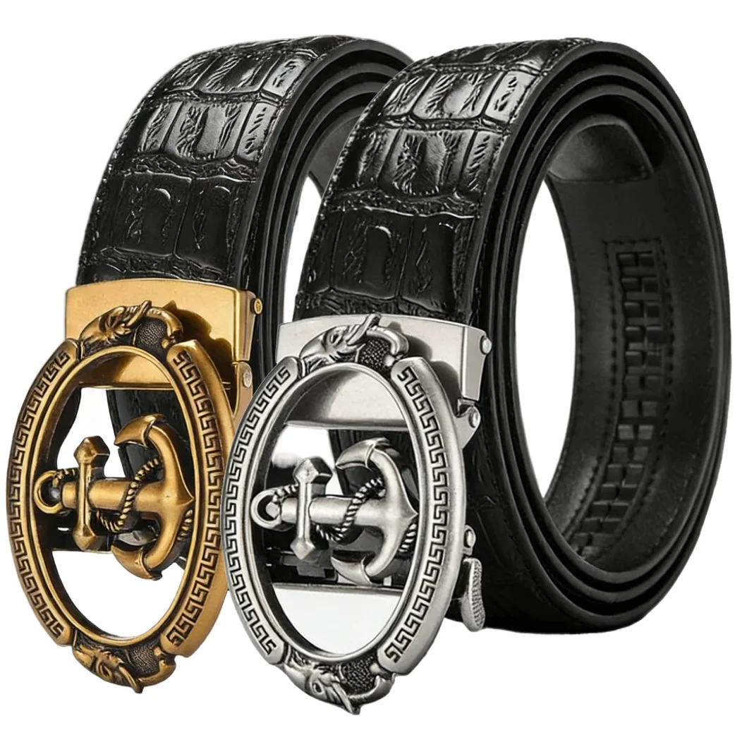 Men's Automatic Buckle Belt Imitation Crocodile Pattern Western Denim Waist Belt Retro Boat Anchor Buckle Head Leather Waistband