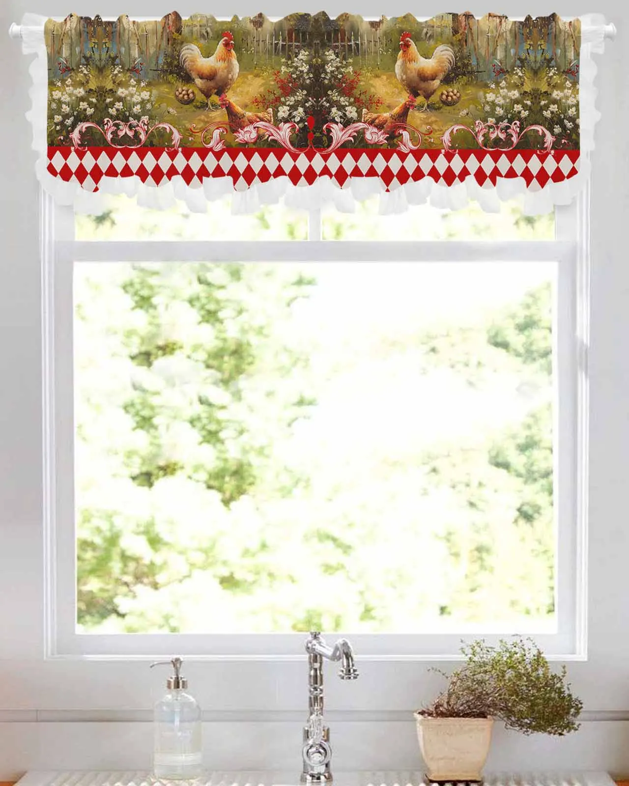 Retro Country Farm Hen Short Tulle Half Curtains for Living Room Kitchen Door Cafe Window Sheer Valance Drapes