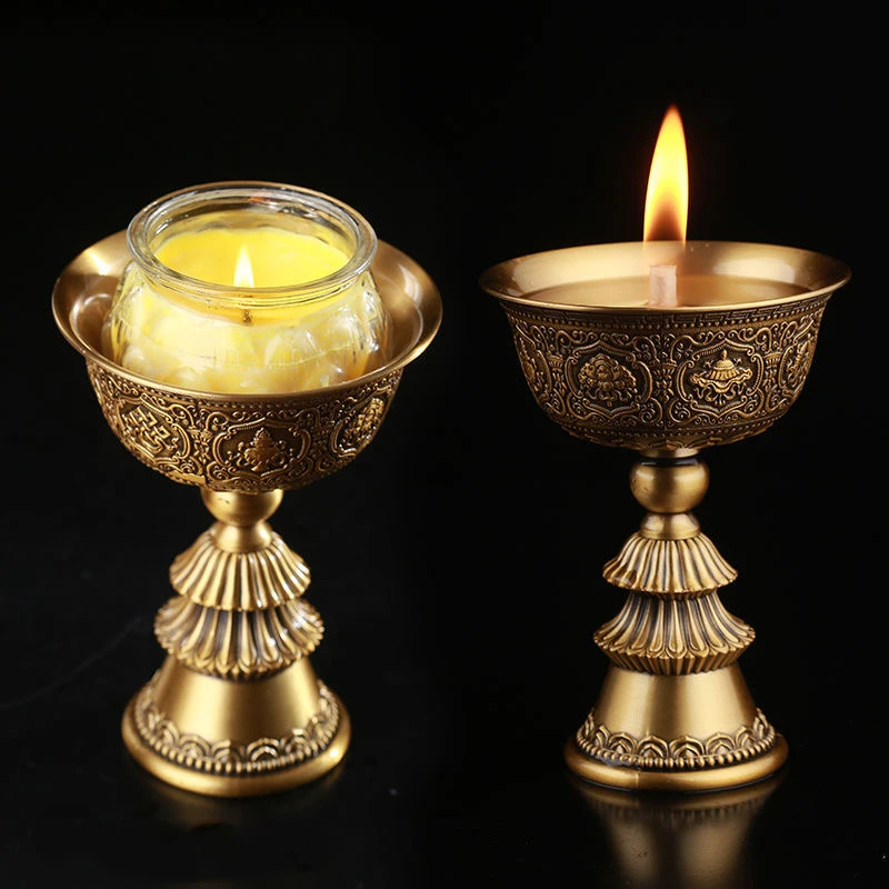 

Tibetan Candlestick Engraved Ancient Bronze Copper Candle Holder Buddhist Sacrifice Lamp Cup Altars Indoor Desktop Decorative