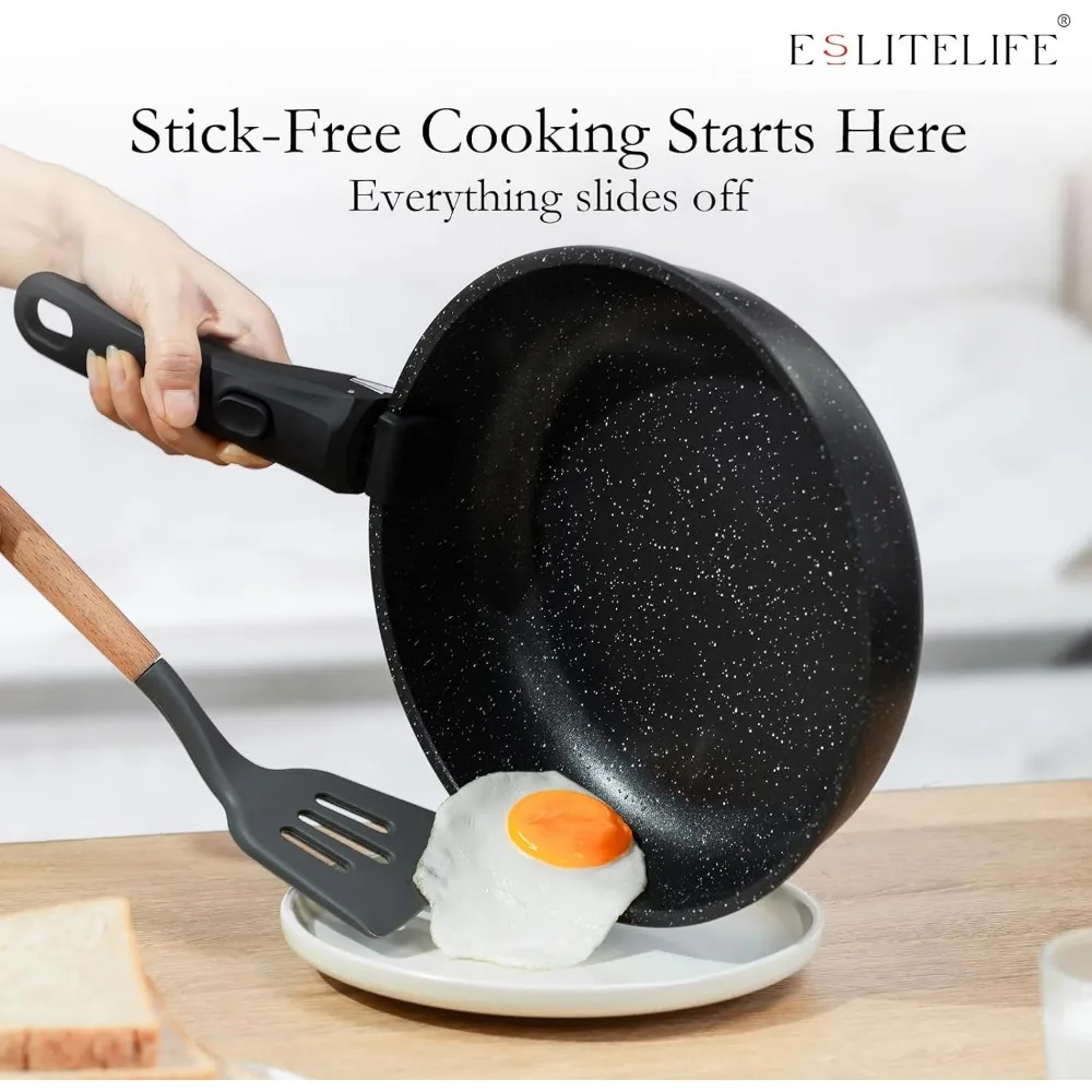 طقم مقالي سيراميك غير لاصقة مع أغطية ومقبض قابل للفصل، آمنة للبيض والعجة، مقالي مطبخ مثالية للطهي #5