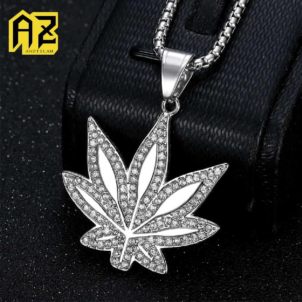 Anztilam No Fade Maple Leaf 316L Stainless Steel Iced Out Pendant with Long Link Chain Necklaces for Women Men Hip Hop Jewelry